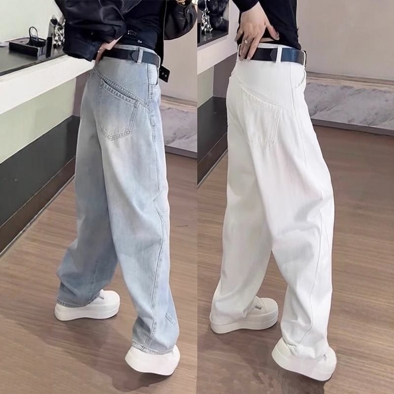 寬鬆高腰顯瘦直筒大碼復古彎刀闊腿牛仔褲