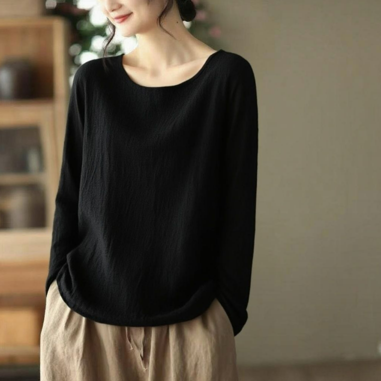 秋季薄款內搭棉麻寬鬆休閒慵懶風長袖T恤
