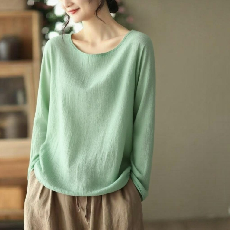 秋季薄款內搭棉麻寬鬆休閒慵懶風長袖T恤