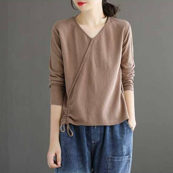 純棉V領大碼打底衫百搭休閒寬鬆抽繩長袖t恤