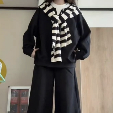 【單件/套裝】早秋穿搭條紋披肩+慵懶風衛衣+休閑闊腿褲運動三件套裝