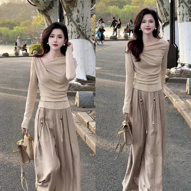 【單件/套裝】輕奢高貴氣質不規則簡約上衣+高腰闊腿褲兩件套
