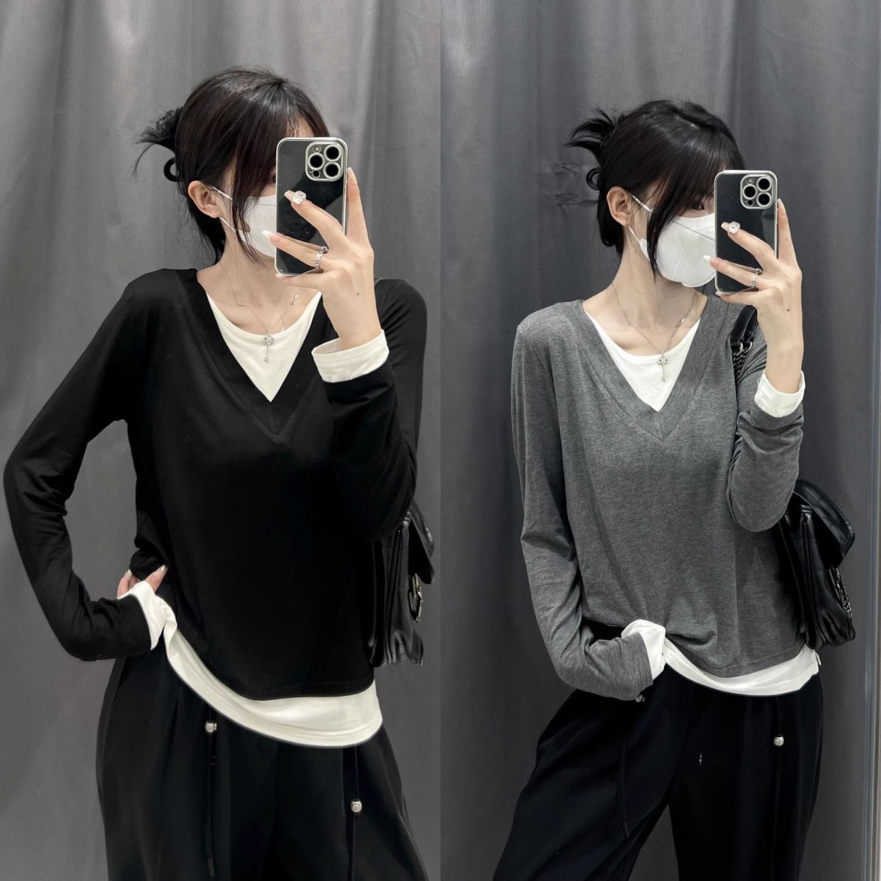 純棉假兩件純慾風內搭打底衫修身設計感小眾長袖t恤