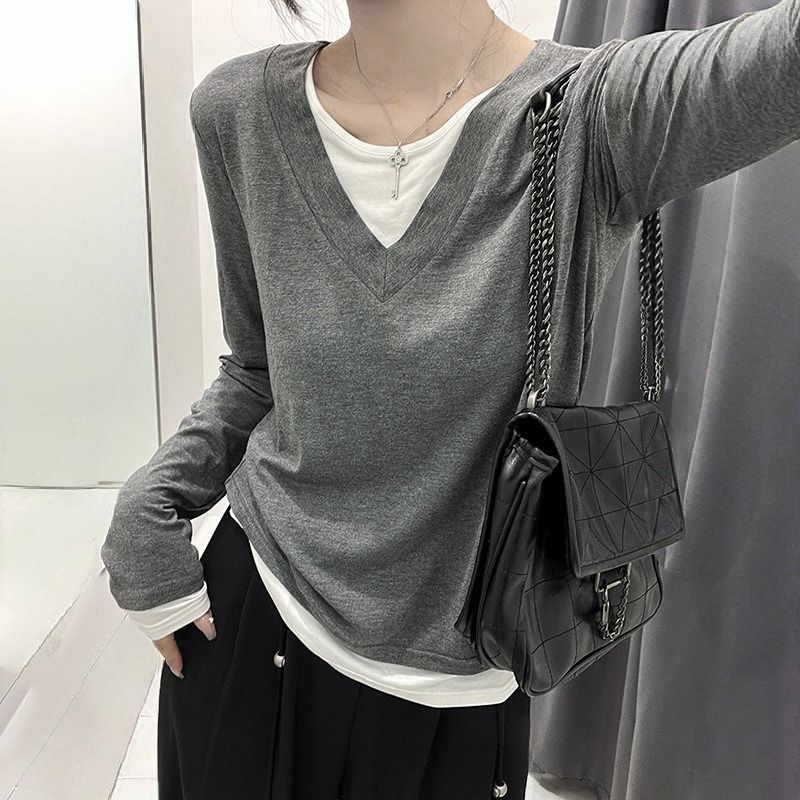純棉假兩件純慾風內搭打底衫修身設計感小眾長袖t恤