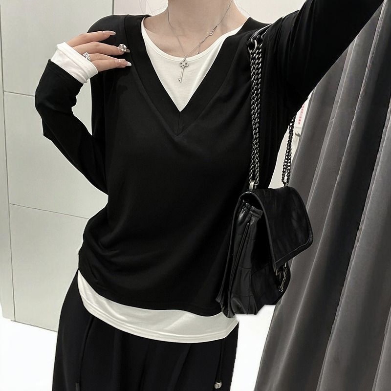 純棉假兩件純慾風內搭打底衫修身設計感小眾長袖t恤