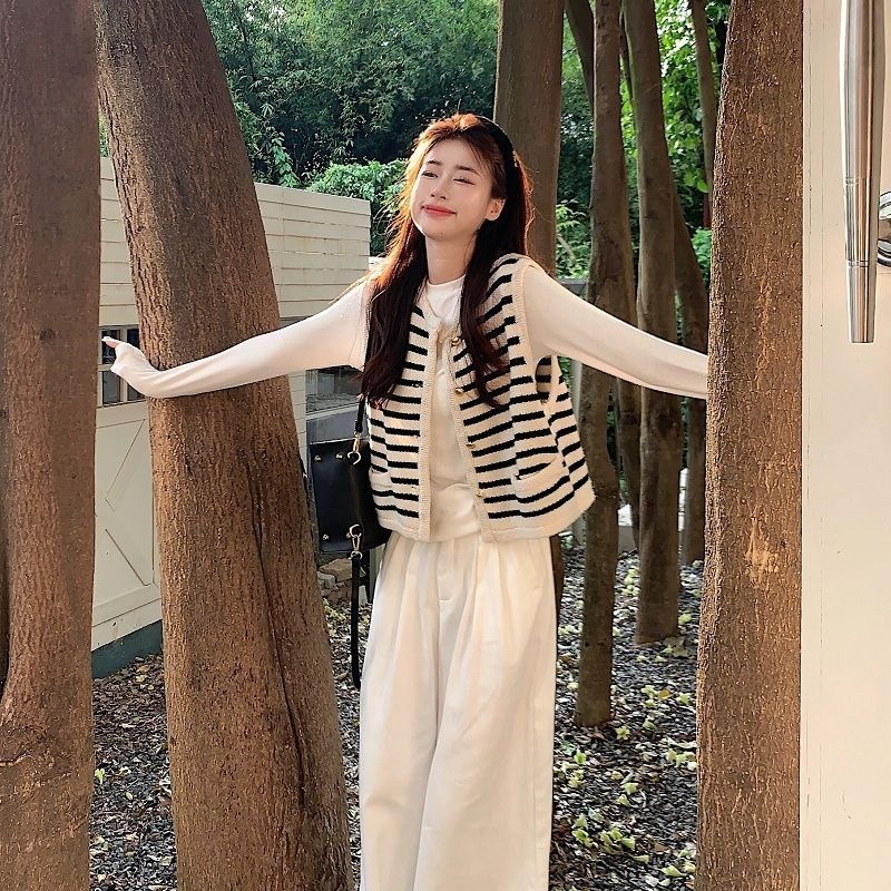 【單件/套裝】韓版ins疊穿條紋外穿馬甲+長袖T恤+白色休閒牛仔褲三件套
