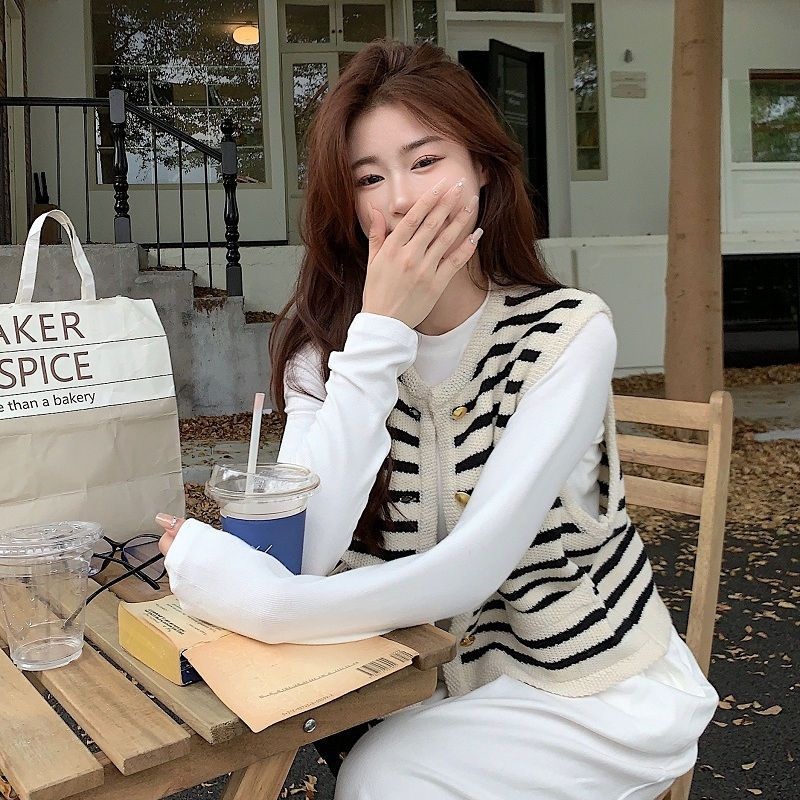 【單件/套裝】韓版ins疊穿條紋外穿馬甲+長袖T恤+白色休閒牛仔褲三件套