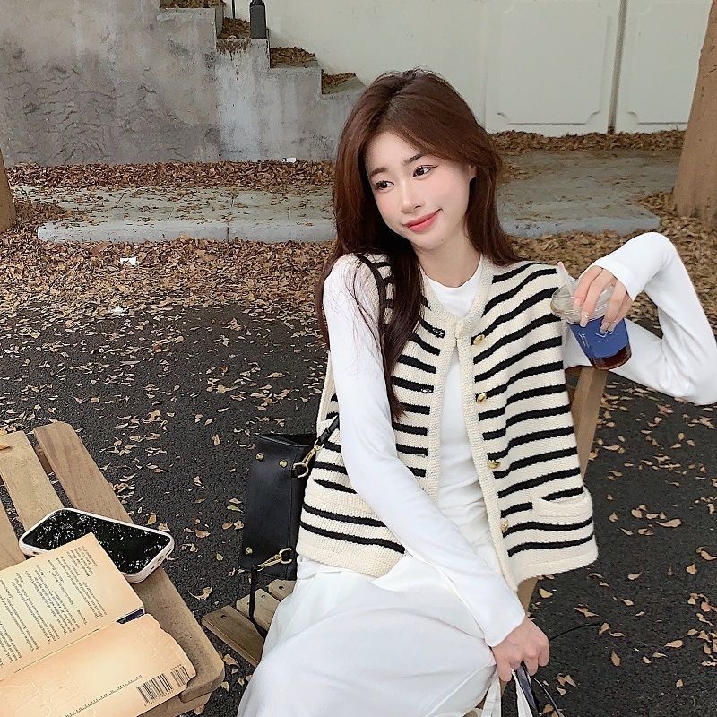 【單件/套裝】韓版ins疊穿條紋外穿馬甲+長袖T恤+白色休閒牛仔褲三件套