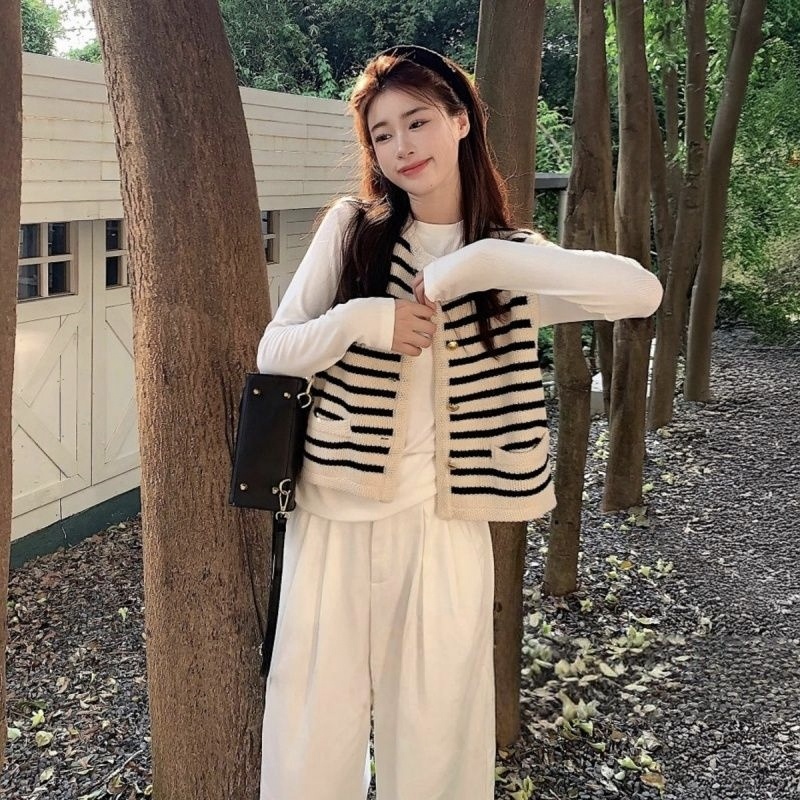【單件/套裝】韓版ins疊穿條紋外穿馬甲+長袖T恤+白色休閒牛仔褲三件套