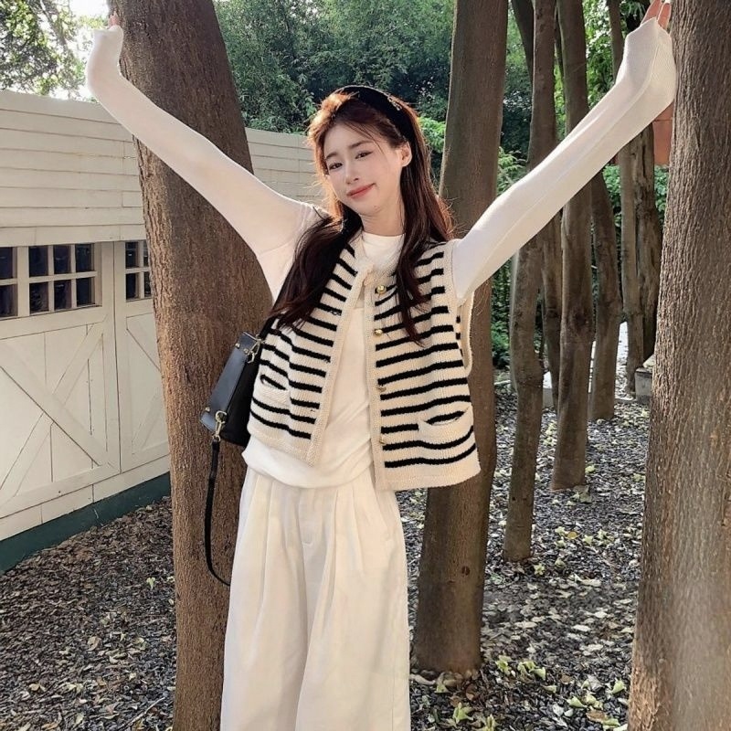 【單件/套裝】韓版ins疊穿條紋外穿馬甲+長袖T恤+白色休閒牛仔褲三件套