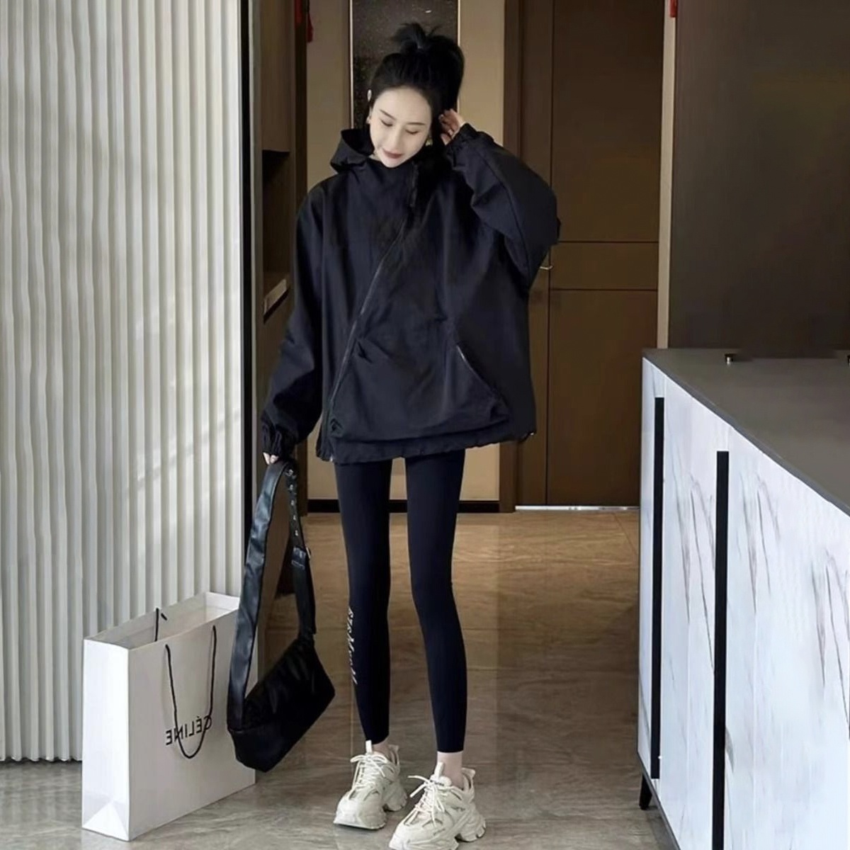 寬鬆連帽薄款透氣工裝小香風衝鋒衣外套