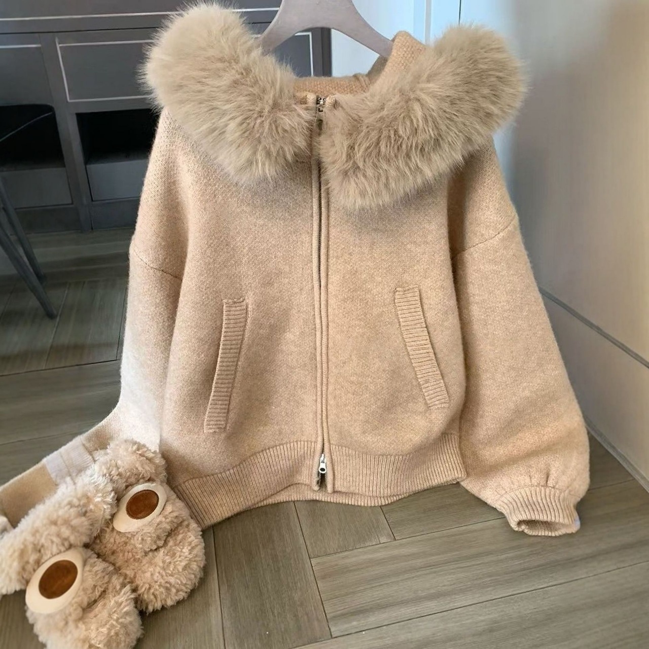 大毛領外套寬鬆顯瘦軟糯毛衣針織開衫