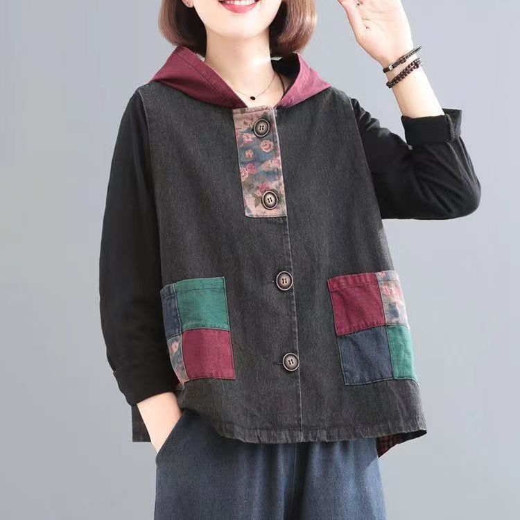 大碼復古做舊連帽印花拼接減齡牛仔馬甲外套