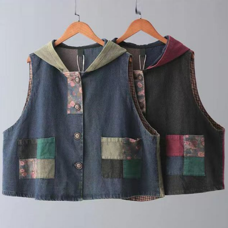 大碼復古做舊連帽印花拼接減齡牛仔馬甲外套