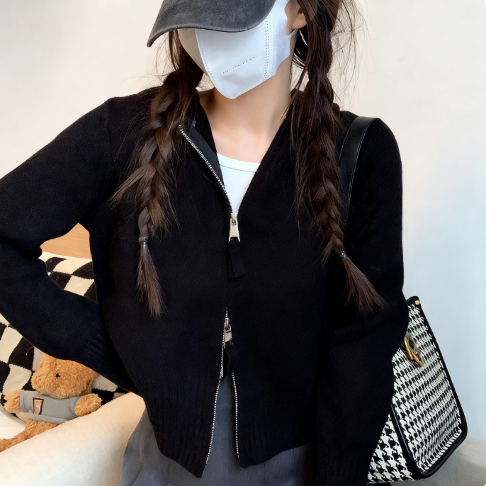純慾風拉鍊正肩短款毛衣外套連帽針織開衫