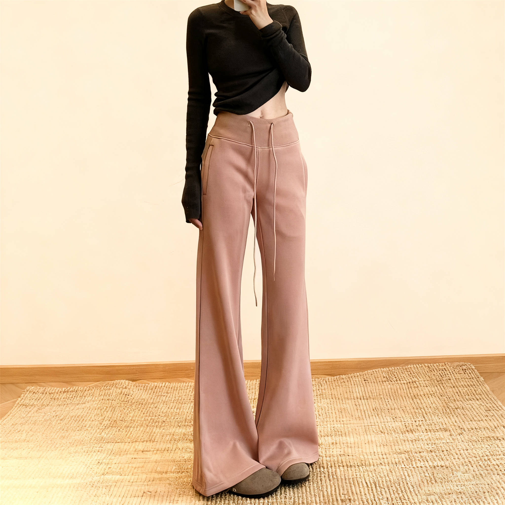 刷毛加厚高腰休閒顯瘦修身垂感喇叭運動褲