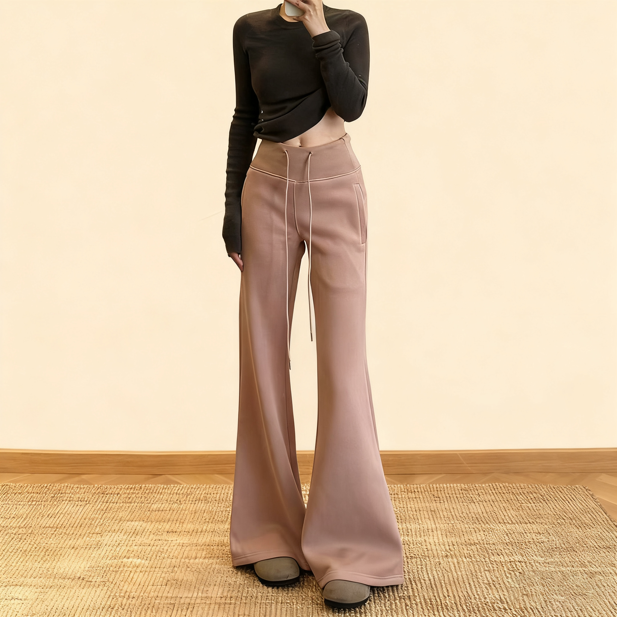 刷毛加厚高腰休閒顯瘦修身垂感喇叭運動褲