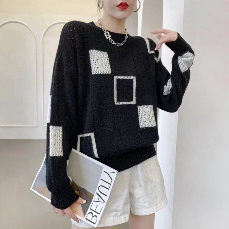時尚潮流拼色格子復古圓領套頭長袖毛衣