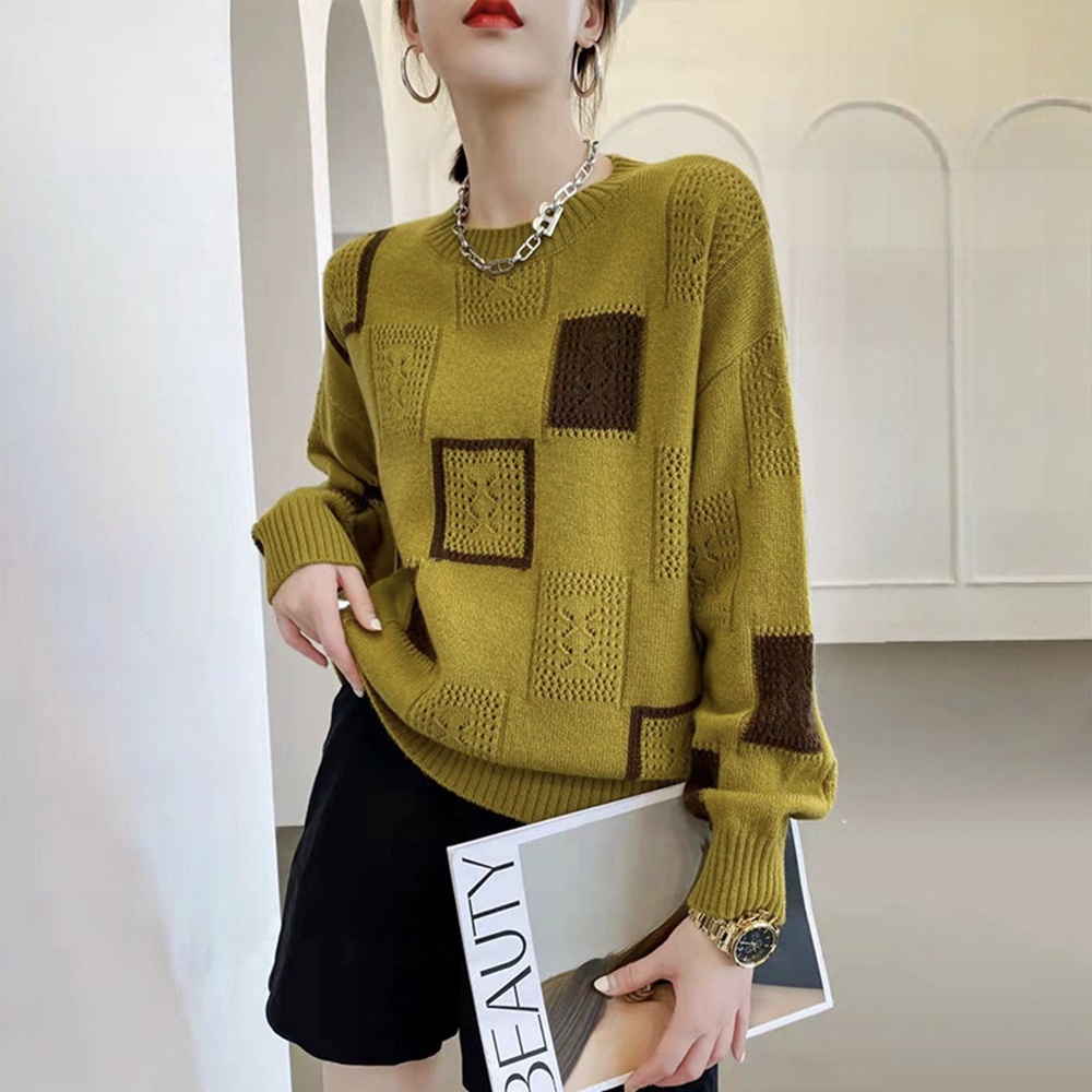 時尚潮流拼色格子復古圓領套頭長袖毛衣