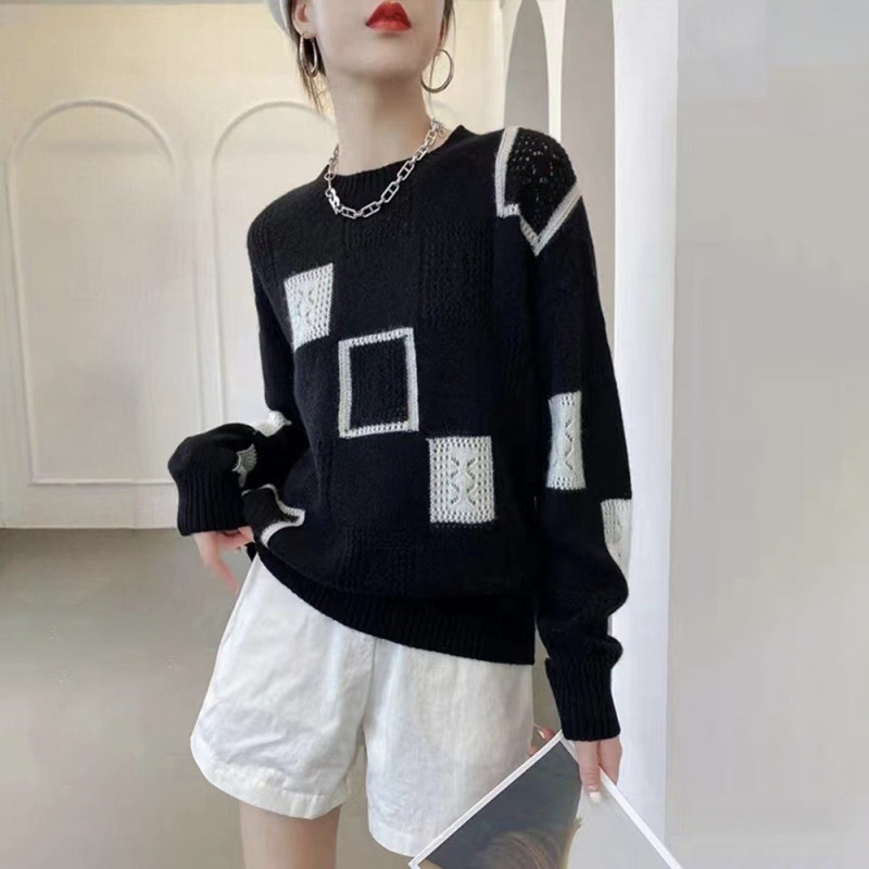 時尚潮流拼色格子復古圓領套頭長袖毛衣