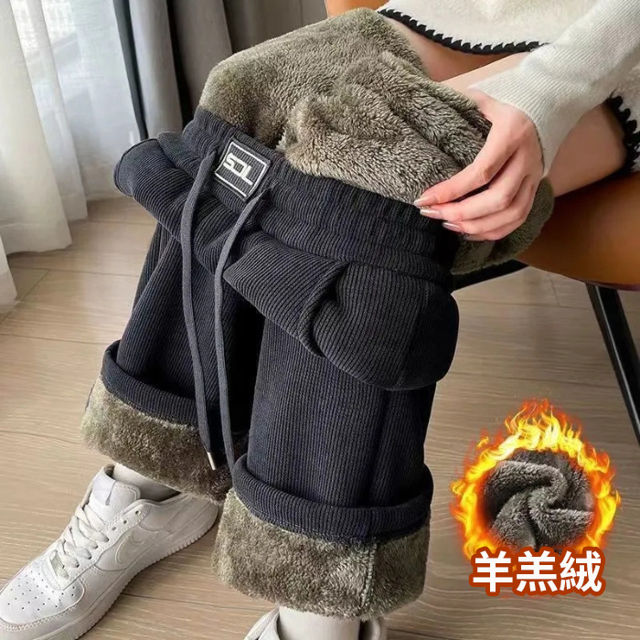 超厚刷毛ins休閒寬鬆顯高直筒加厚闊腿褲