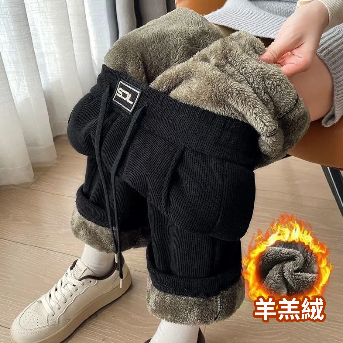 超厚刷毛ins休閒寬鬆顯高直筒加厚闊腿褲