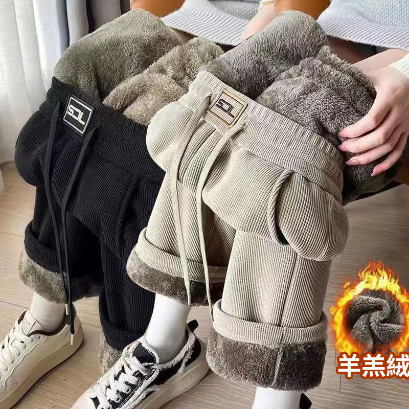 超厚刷毛ins休閒寬鬆顯高直筒加厚闊腿褲