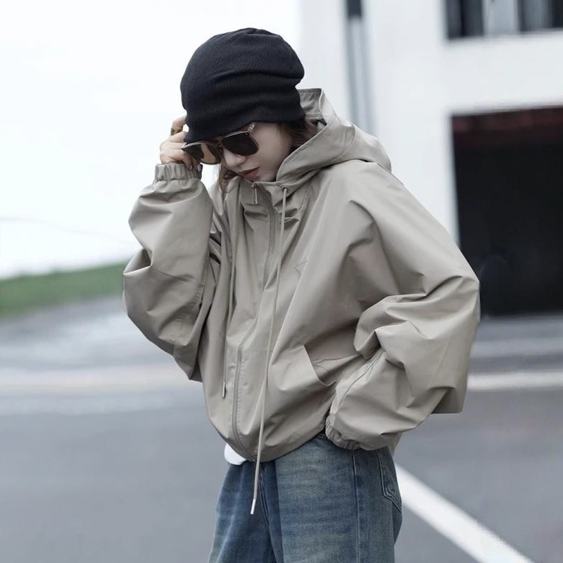 短版衝鋒衣休閒工裝風衣夾克連帽外套