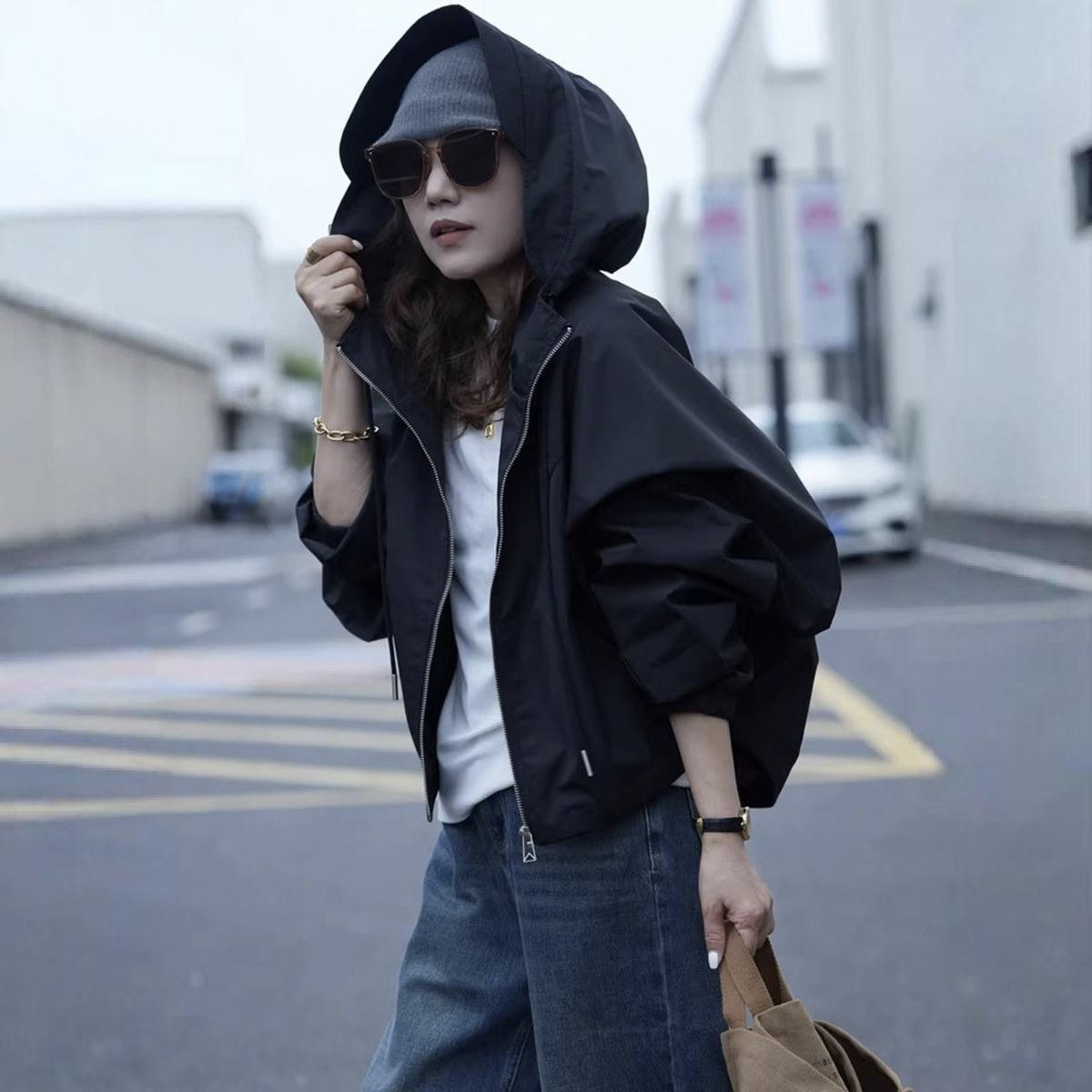 短版衝鋒衣休閒工裝風衣夾克連帽外套