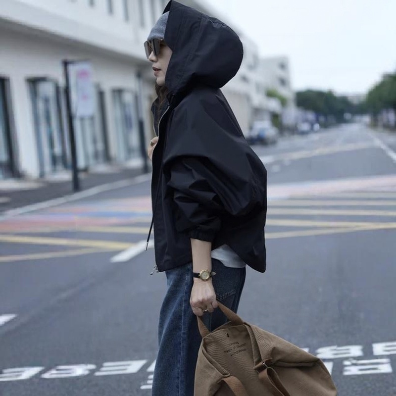 短版衝鋒衣休閒工裝風衣夾克連帽外套