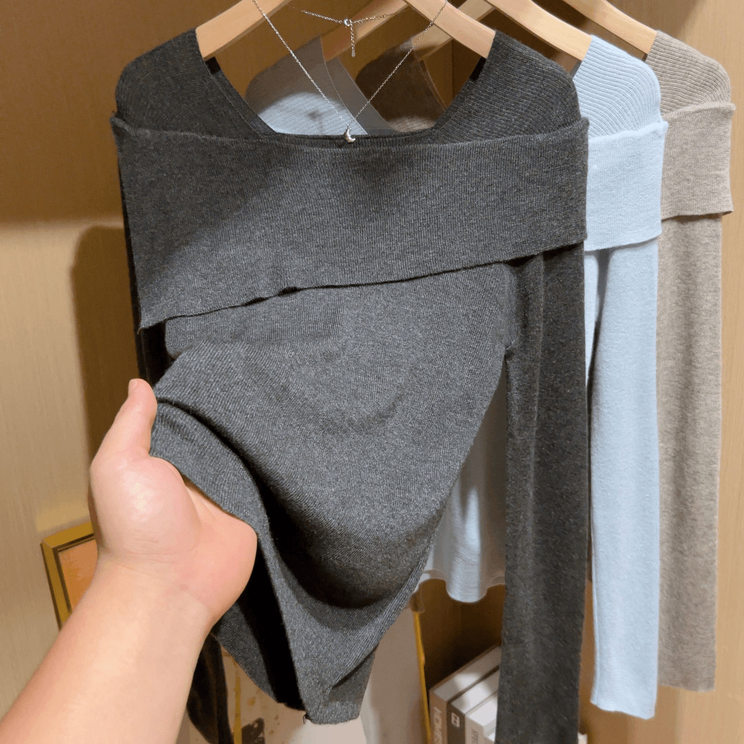 法式一字領兩穿露肩修身甜美溫柔風套頭針織衫