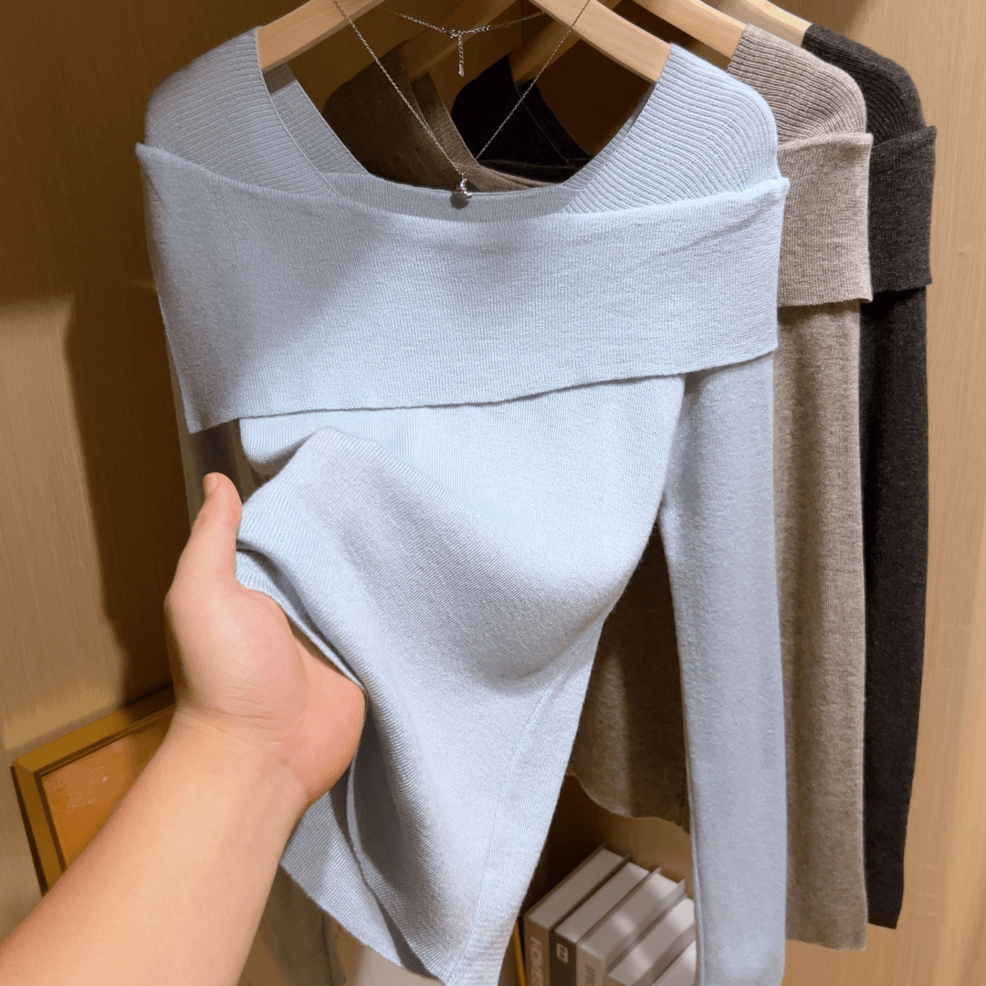 法式一字領兩穿露肩修身甜美溫柔風套頭針織衫