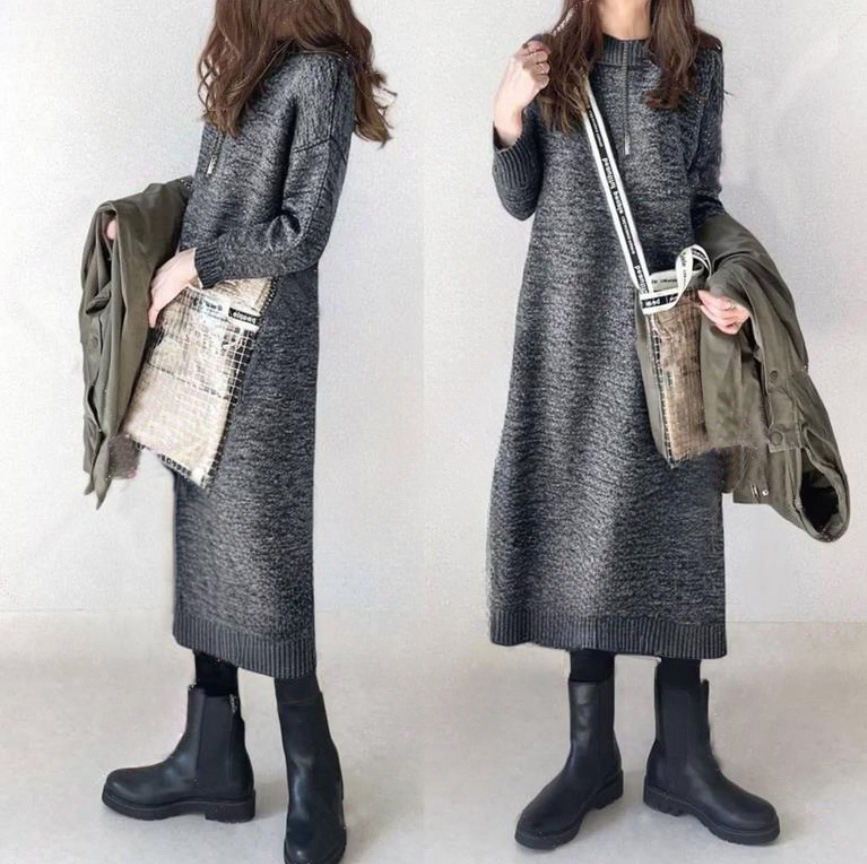 時尚小高領花灰毛織洋裝