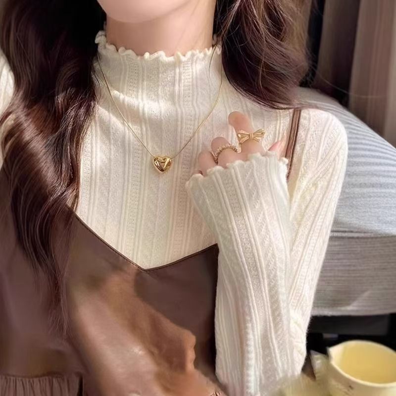 精緻木耳邊半高領修身內搭軟糯針織打底衫