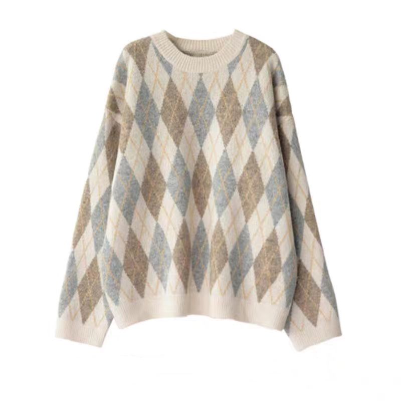 【單件/套裝】日系復古菱格圓領毛衣+針織吊帶連衣裙兩件套