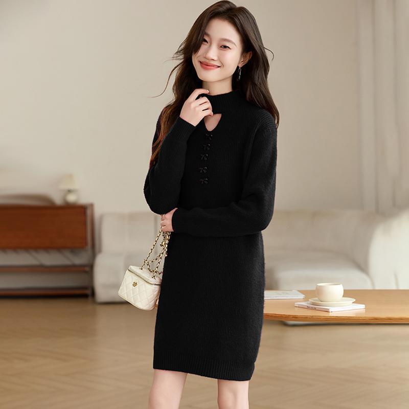 寬鬆加厚半高領時尚百搭中長版針織毛衣裙