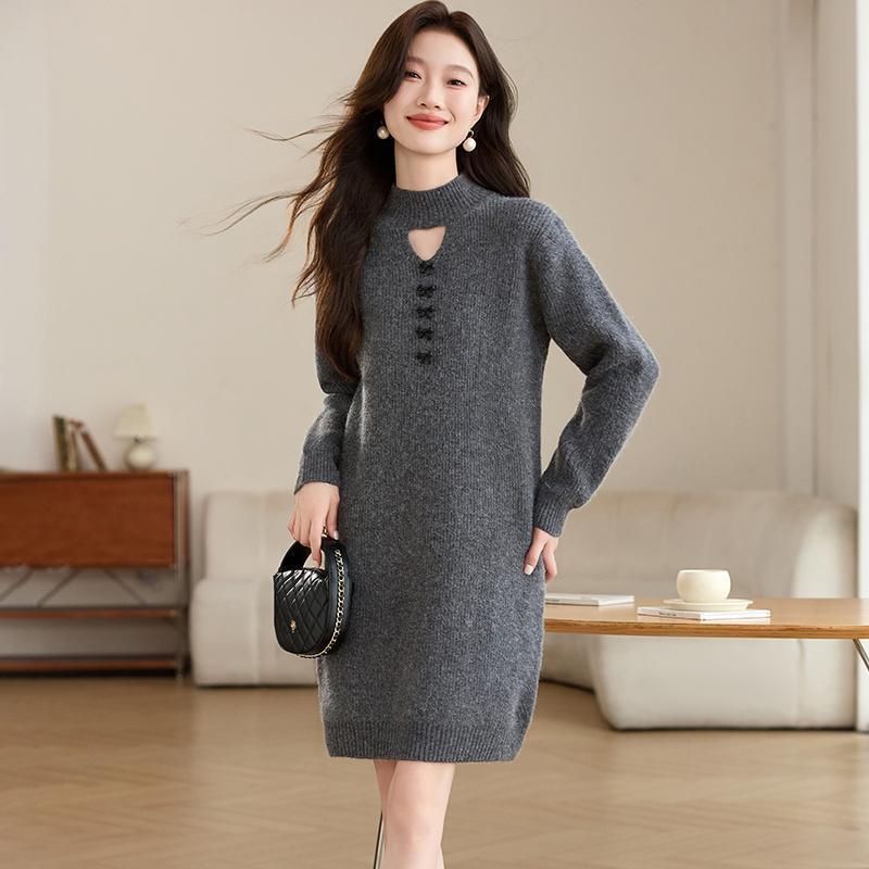 寬鬆加厚半高領時尚百搭中長版針織毛衣裙