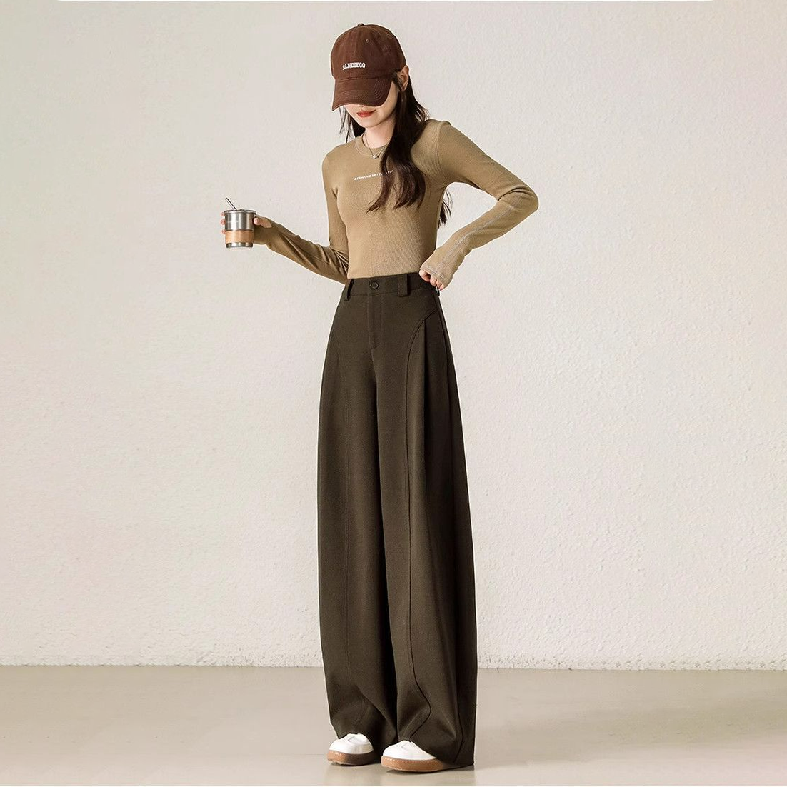 加厚款呢子糯感寬鬆直筒顯瘦休閒闊腿褲