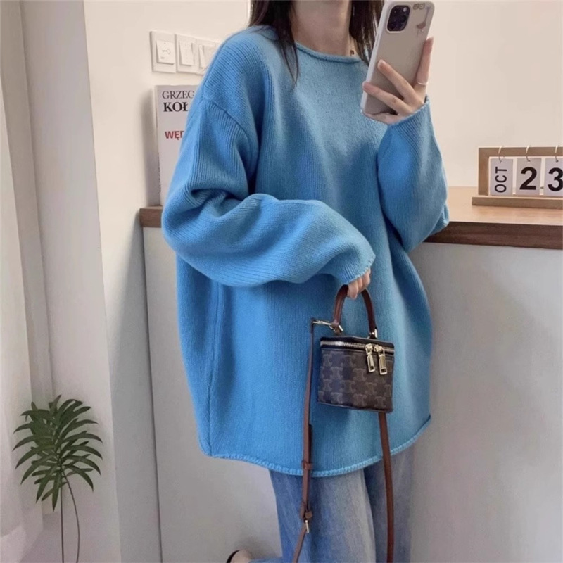 寬鬆百搭慵懶素色毛衣時尚捲邊圓領針織衫