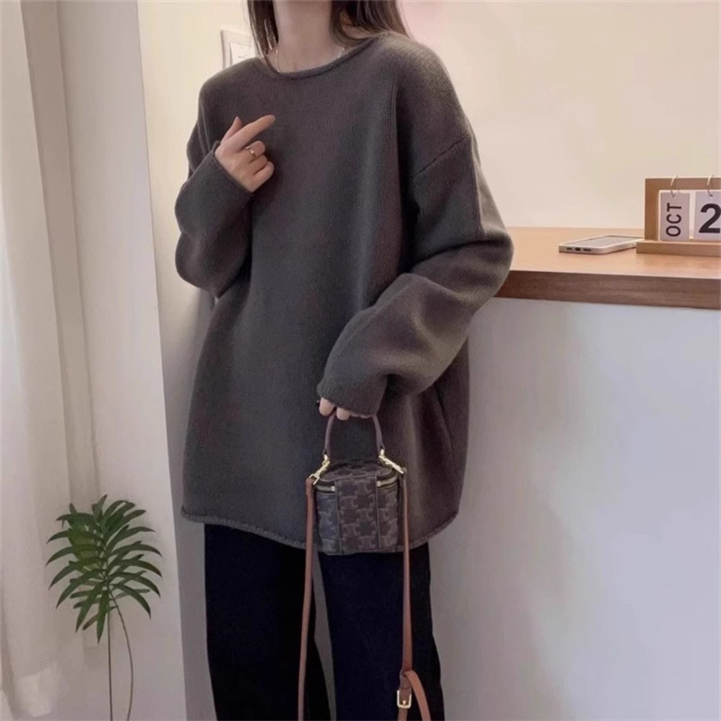 寬鬆百搭慵懶素色毛衣時尚捲邊圓領針織衫