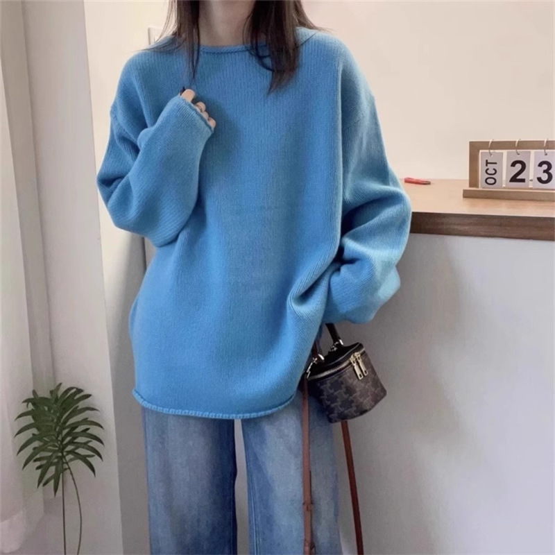 寬鬆百搭慵懶素色毛衣時尚捲邊圓領針織衫
