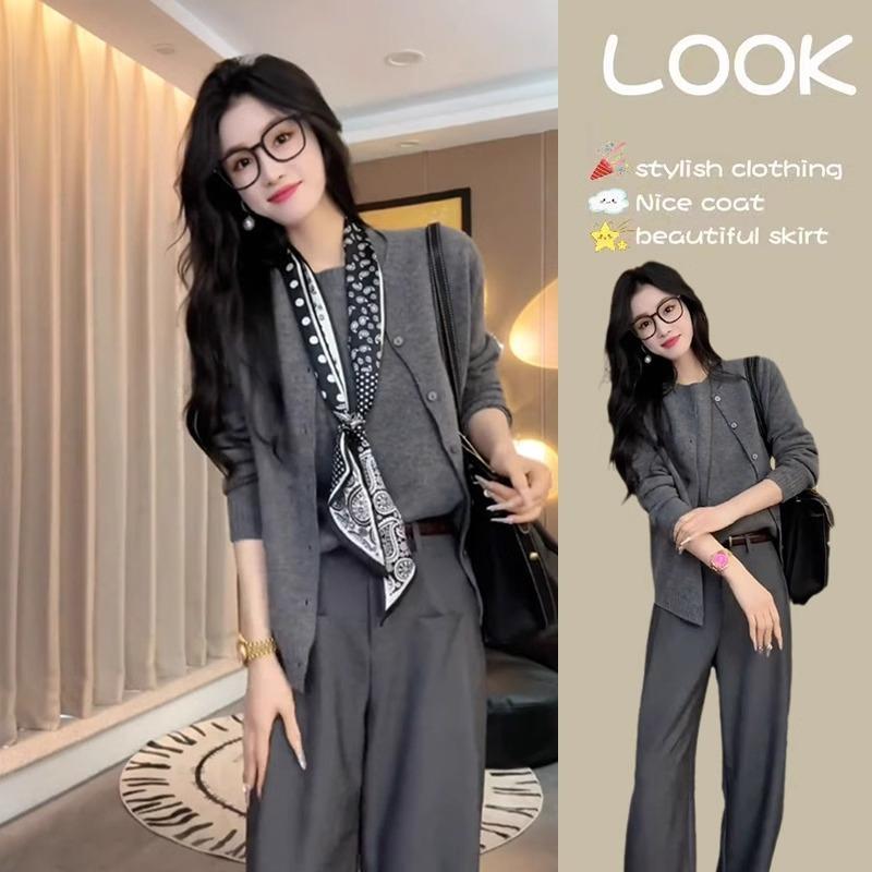 【單件/套裝】洋氣時尚韓版慵懶風氣質顯瘦上衣+內搭背心+百搭休閒長褲三件套