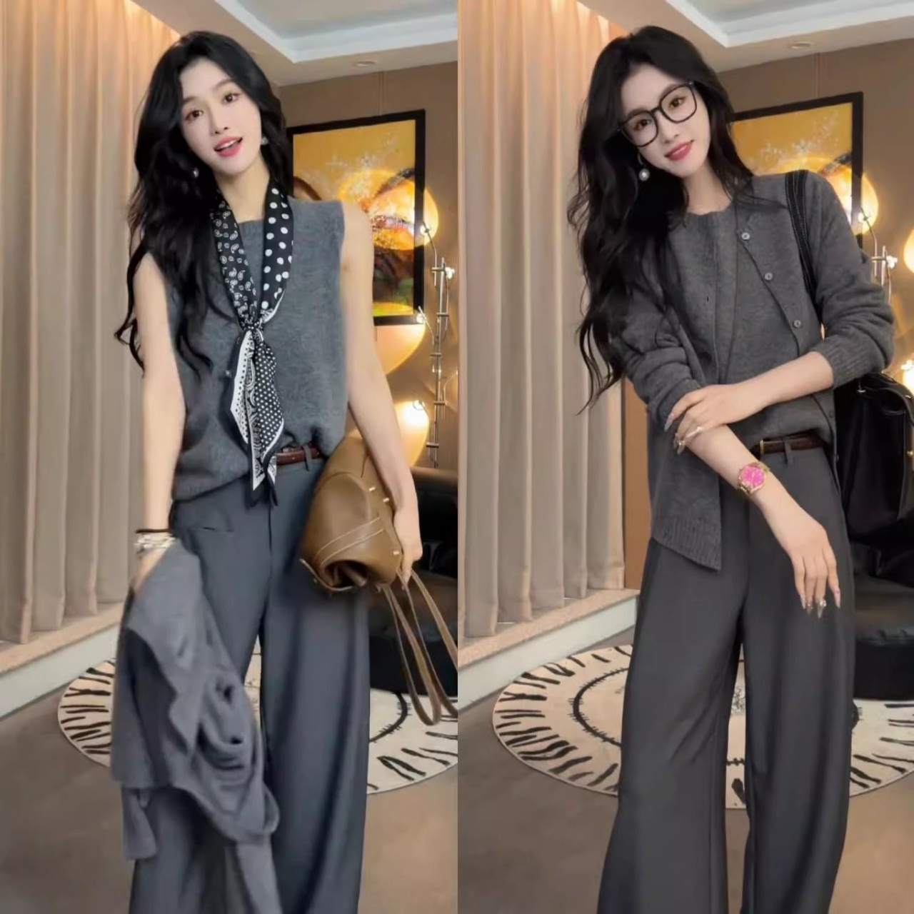 【單件/套裝】洋氣時尚韓版慵懶風氣質顯瘦上衣+內搭背心+百搭休閒長褲三件套