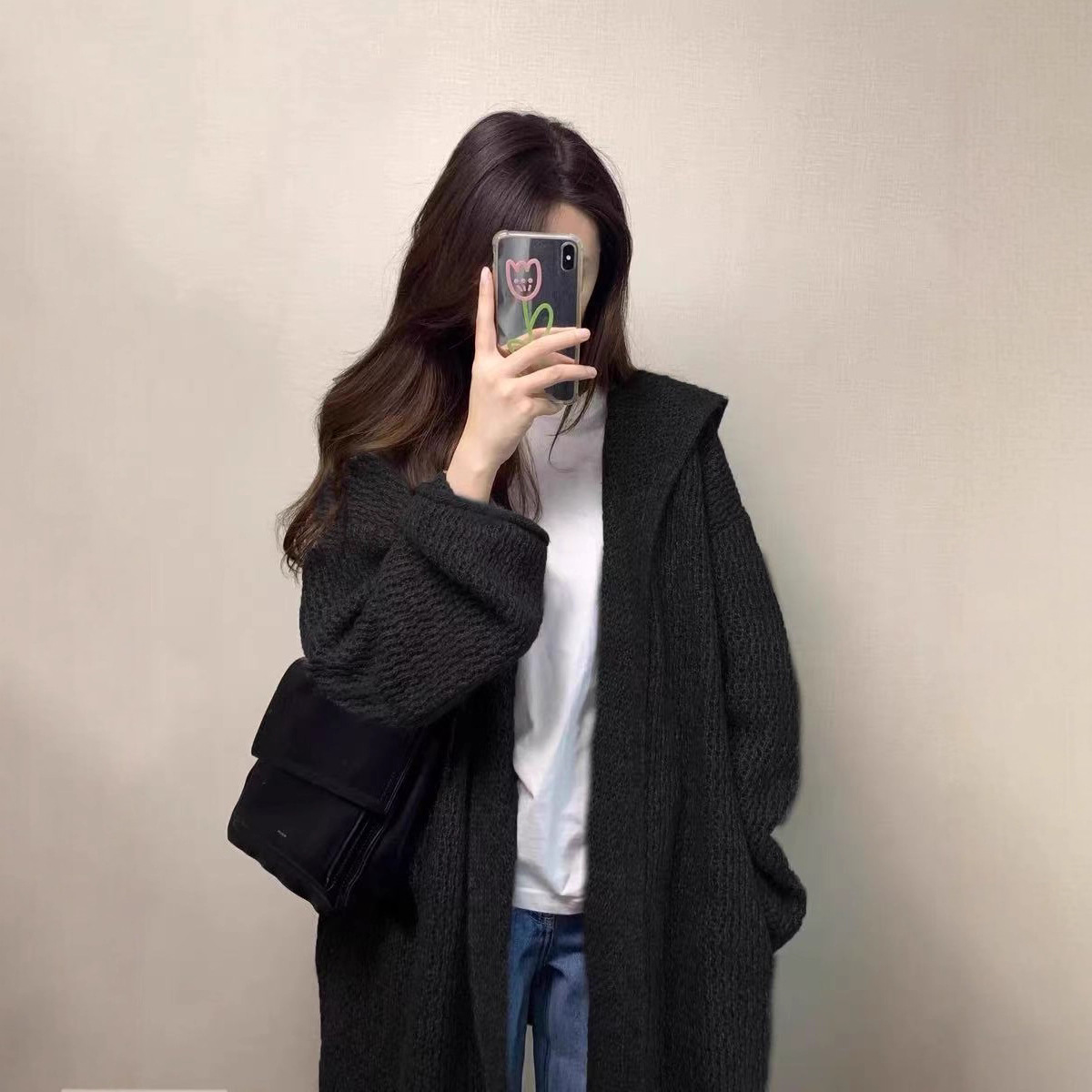 韓系氣質中長版連帽毛衣外套寬鬆慵懶鬆弛感針織開衫