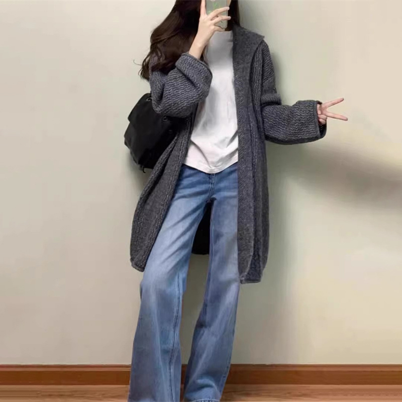 韓系氣質中長版連帽毛衣外套寬鬆慵懶鬆弛感針織開衫