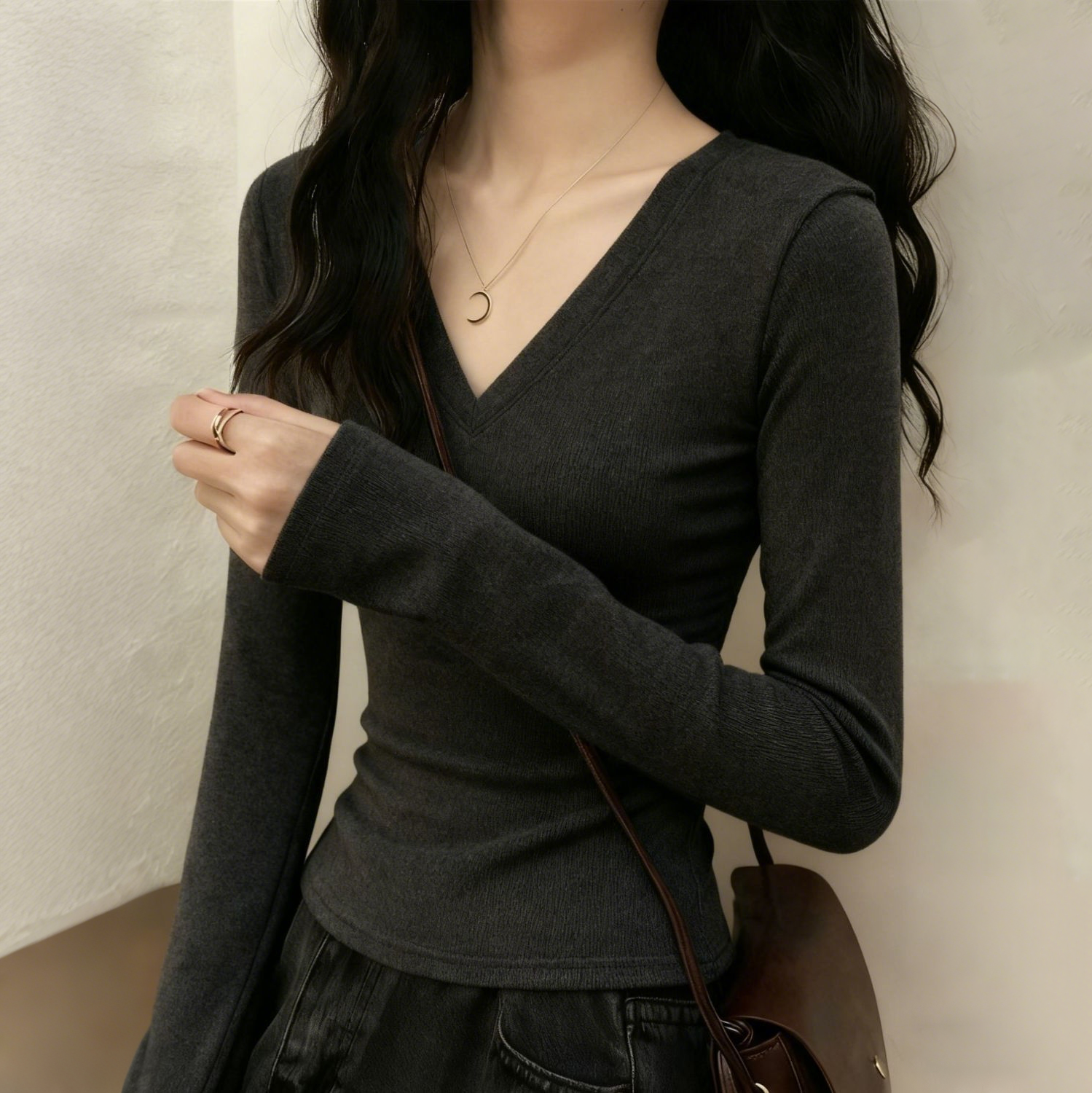 德絨V領正肩顯瘦打底收腰修身長袖T恤