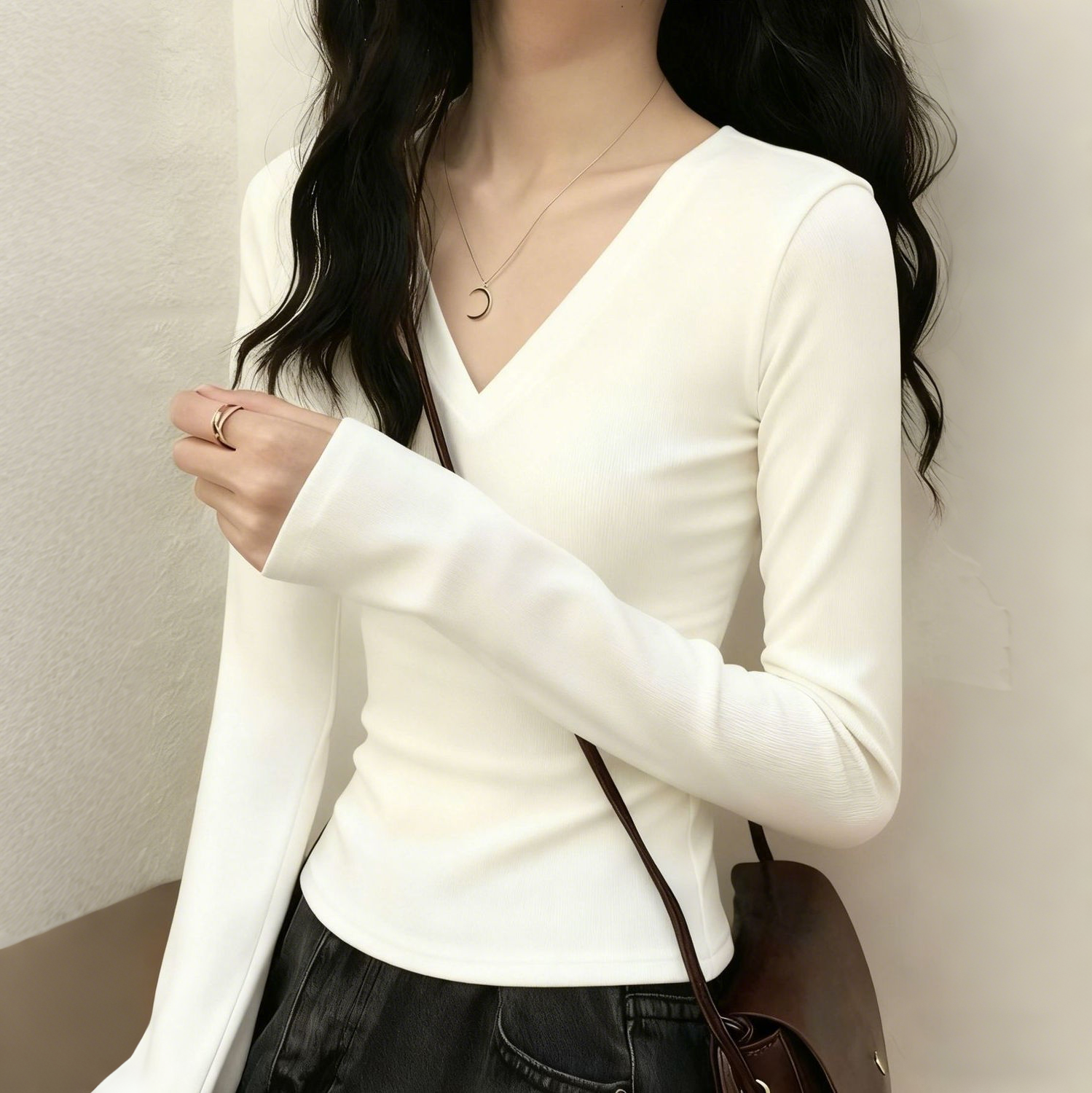 德絨V領正肩顯瘦打底收腰修身長袖T恤