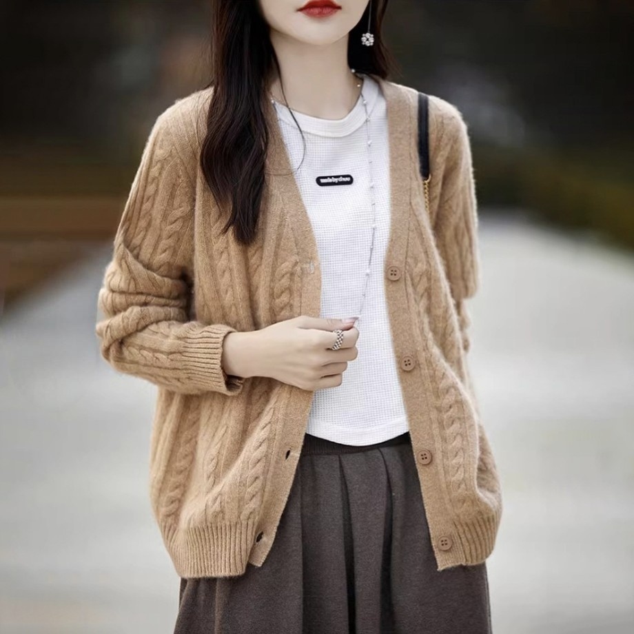 韓版復古麻花寬鬆長袖素色V領針織開衫