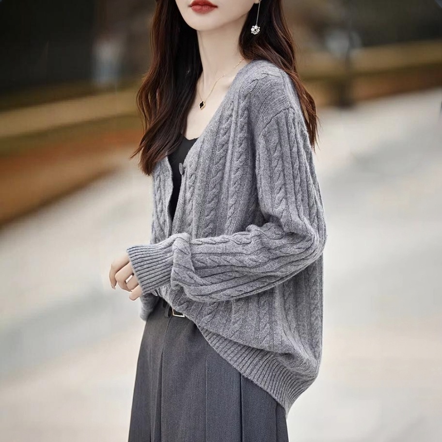 韓版復古麻花寬鬆長袖素色V領針織開衫