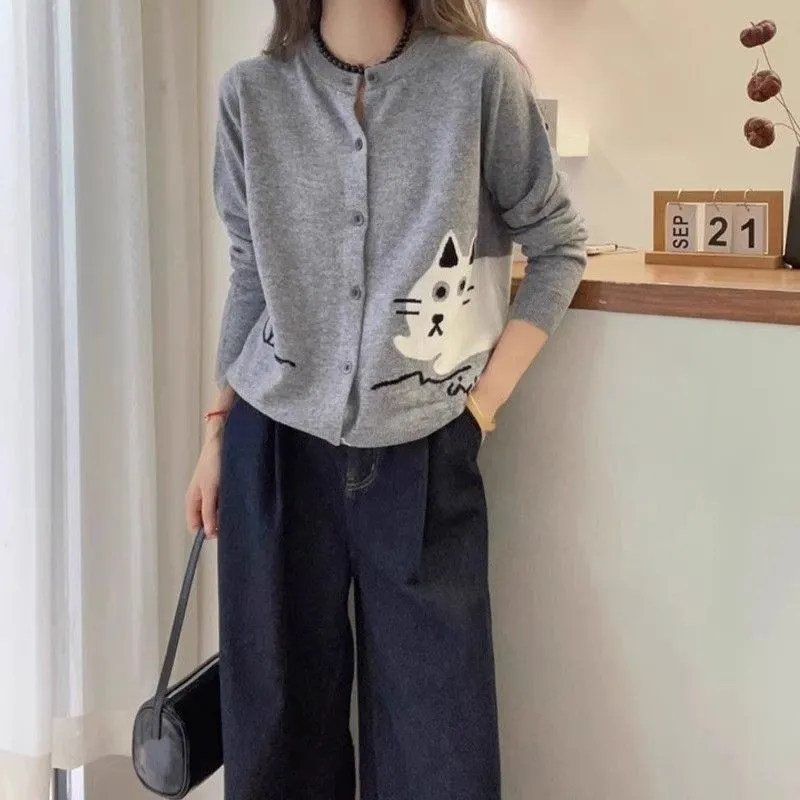 設計感長袖圓領可愛時尚卡通刺繡針織開衫